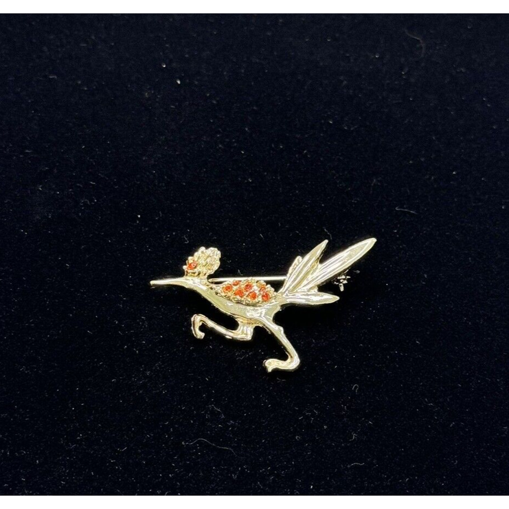 Vintage Enamel Gold Tone Orange Eye Rhinestone Road Runner Bird Brooch Pin